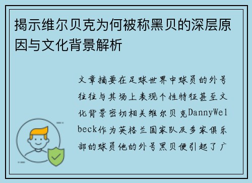 揭示维尔贝克为何被称黑贝的深层原因与文化背景解析