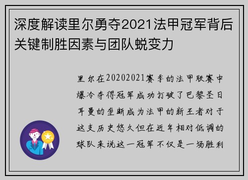 深度解读里尔勇夺2021法甲冠军背后关键制胜因素与团队蜕变力